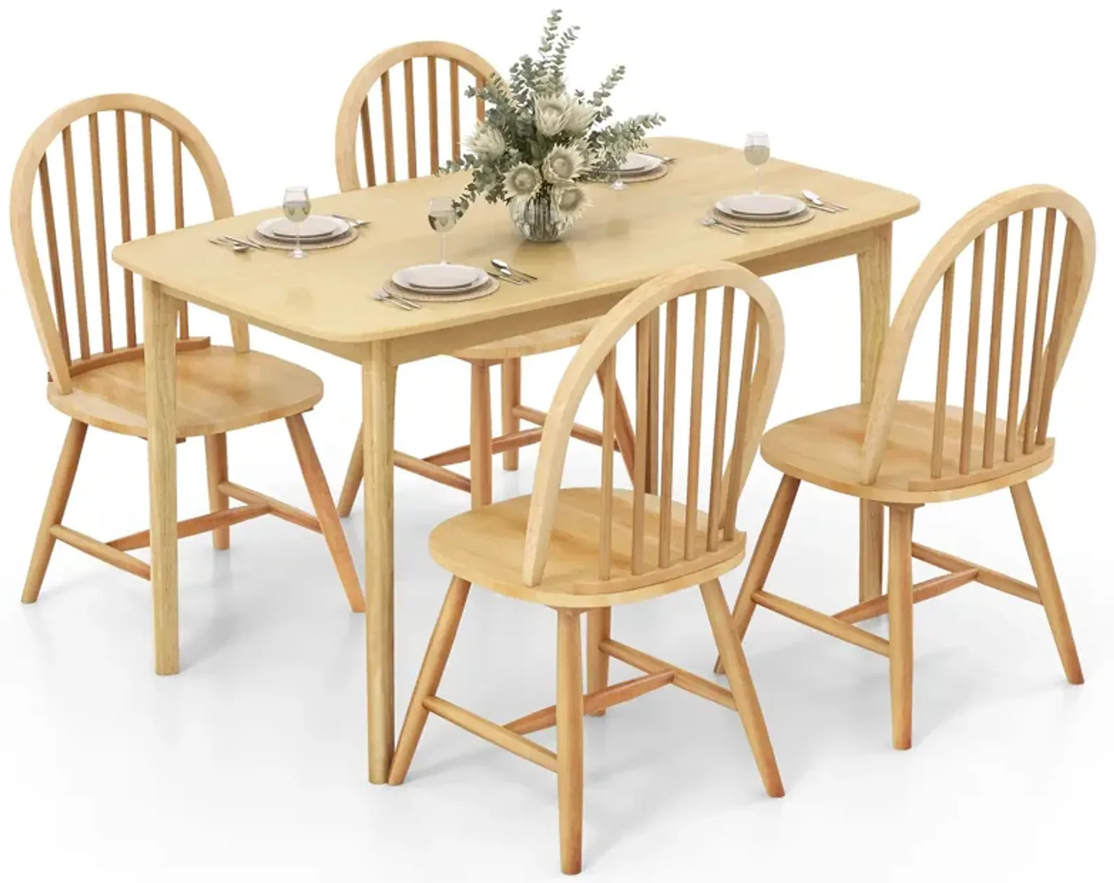 5 Pieces Wooden Dining Table Set with 4 Windsor Chairs