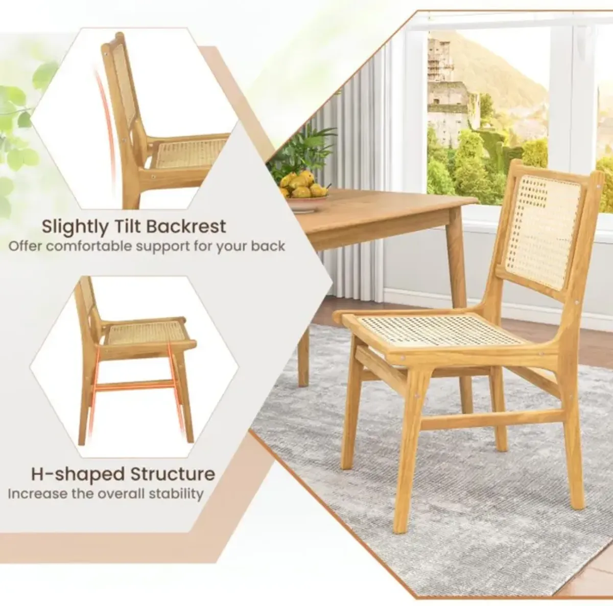 Hivvago Rattan Dining Chair with Natural Cane Woven Backrest and Teak Wood Frame