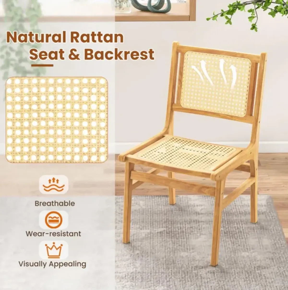 Hivvago Rattan Dining Chair with Natural Cane Woven Backrest and Teak Wood Frame