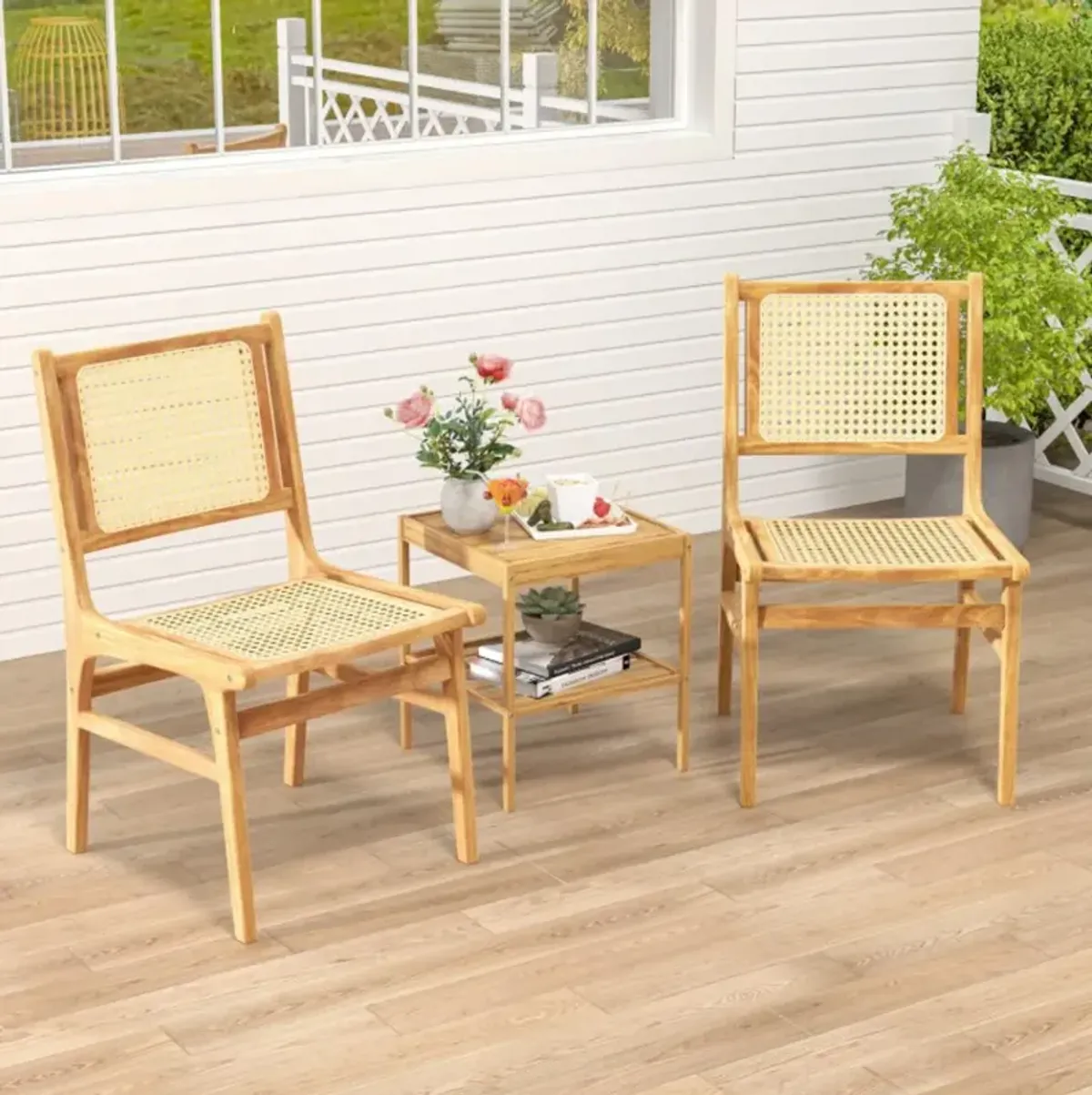 Hivvago Rattan Dining Chair with Natural Cane Woven Backrest and Teak Wood Frame