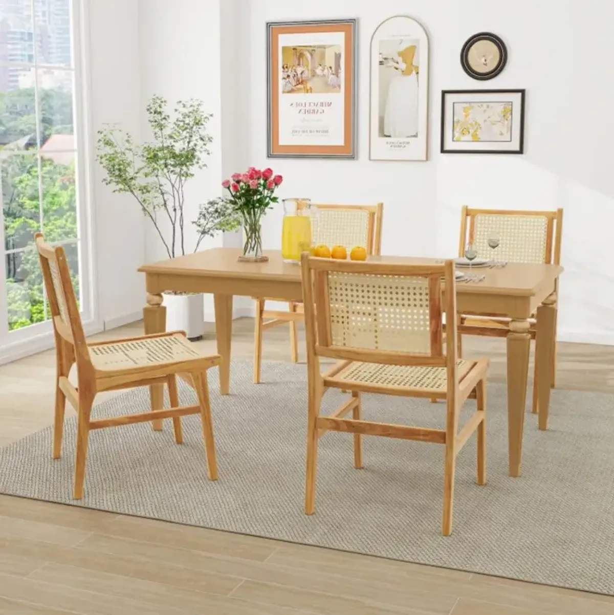 Hivvago Rattan Dining Chair with Natural Cane Woven Backrest and Teak Wood Frame