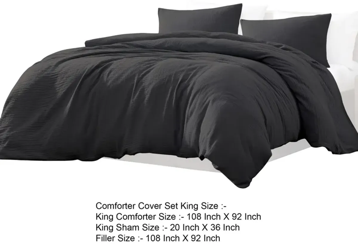 Uvi 3 Piece King Comforter Set, Cotton, Natural Crinkled Texture, Graphite - Benzara