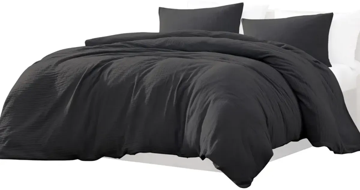 Uvi 3 Piece King Comforter Set, Cotton, Natural Crinkled Texture, Graphite - Benzara