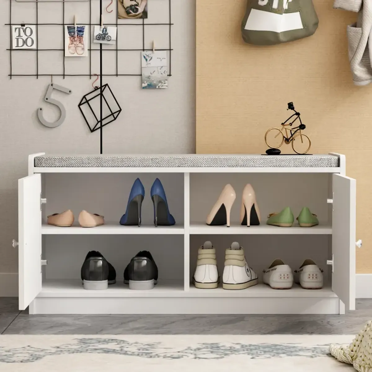 35.8 in. W x 18.1 in. H 8-Pair Shoes White Wood Shoe Storage Bench with 2 Doors and 4-Shelves Storage Compartment