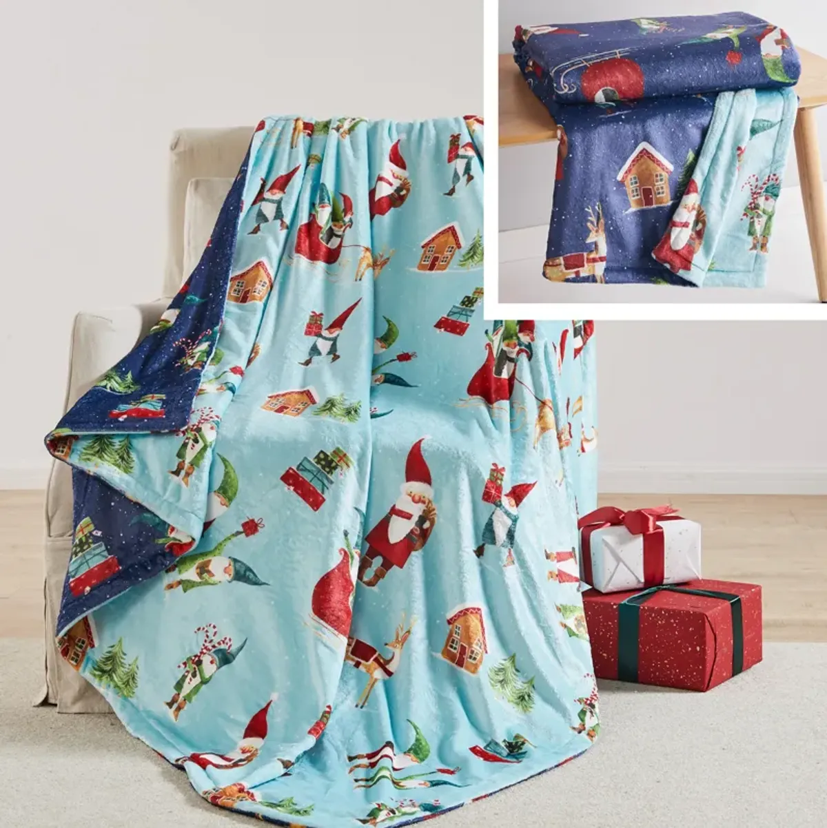 Gnome for the Holidays Mint Reversible Blanket - Levtex Home