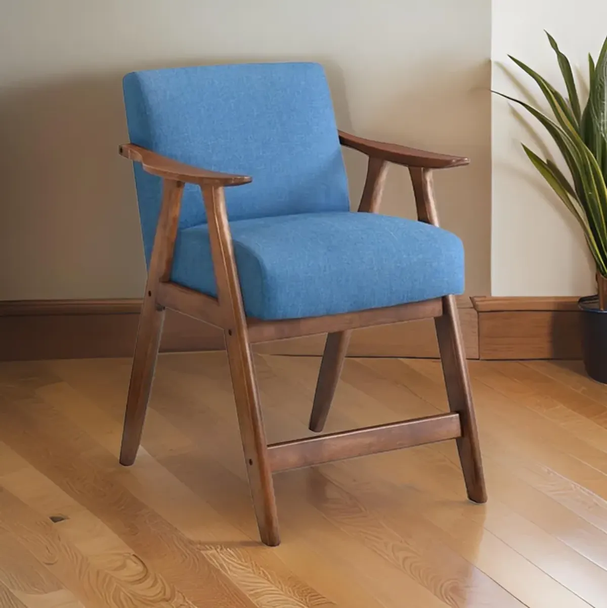 Stella 26 Inch Counter Height Chair, Blue Fabric, Foam Cushions, Brown - Benzara