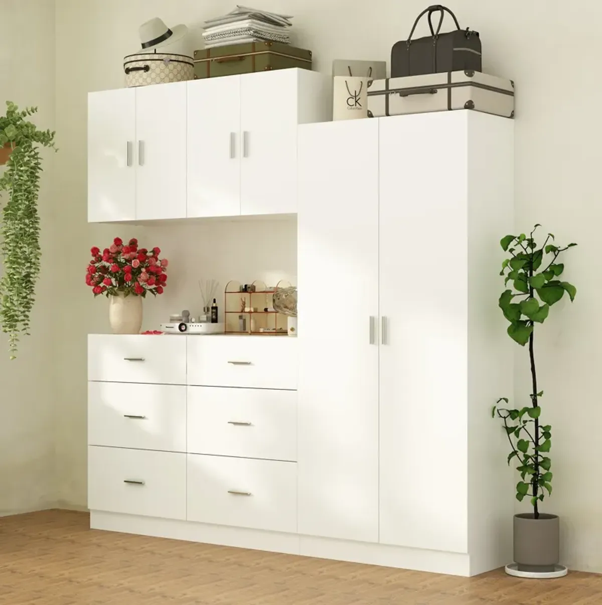 FUFU&GAGA Modern Wardrobe with Adjustable Shelves, Drawers, and Cabinets (78.7" W x 15.7" D x 70.1" H), White