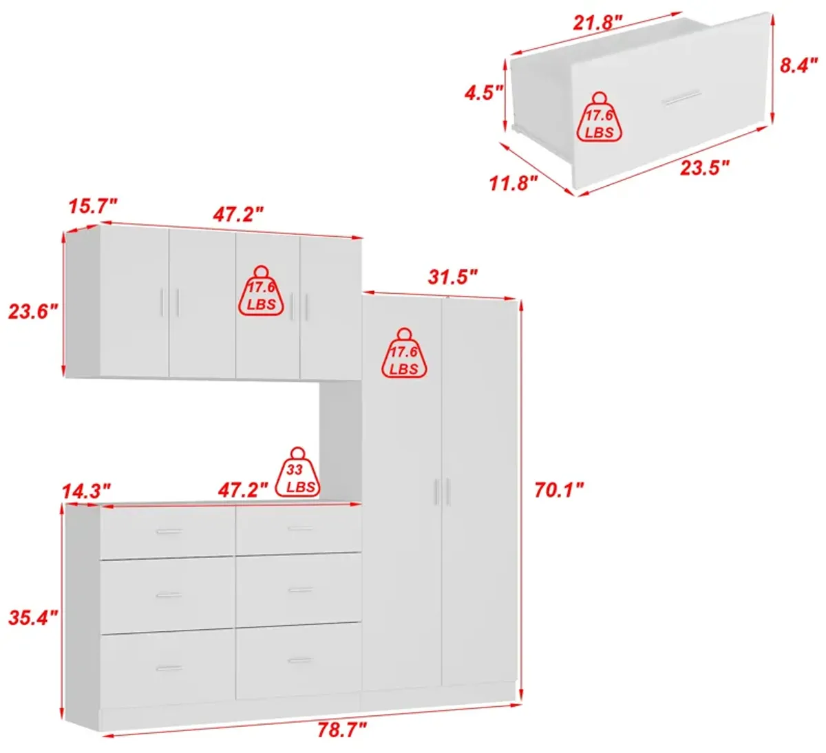 FUFU&GAGA Modern Wardrobe with Adjustable Shelves, Drawers, and Cabinets (78.7" W x 15.7" D x 70.1" H), White