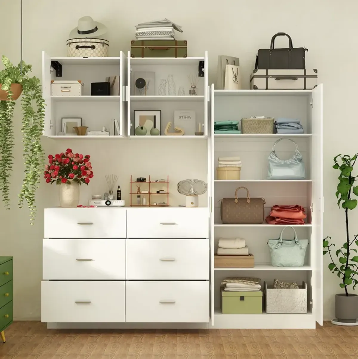 FUFU&GAGA Modern Wardrobe with Adjustable Shelves, Drawers, and Cabinets (78.7" W x 15.7" D x 70.1" H), White