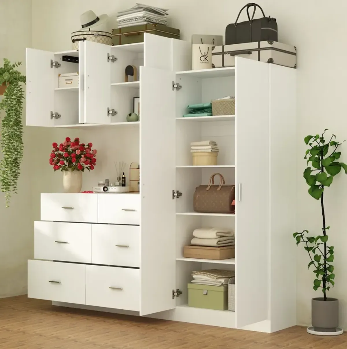 FUFU&GAGA Modern Wardrobe with Adjustable Shelves, Drawers, and Cabinets (78.7" W x 15.7" D x 70.1" H), White