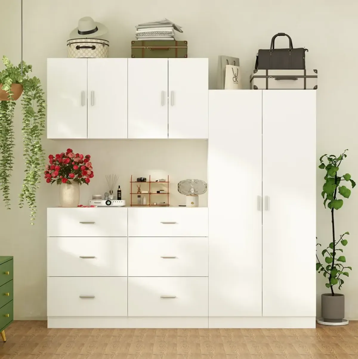 FUFU&GAGA Modern Wardrobe with Adjustable Shelves, Drawers, and Cabinets (78.7" W x 15.7" D x 70.1" H), White