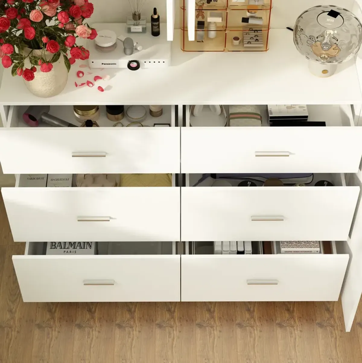 FUFU&GAGA Modern Wardrobe with Adjustable Shelves, Drawers, and Cabinets (78.7" W x 15.7" D x 70.1" H), White