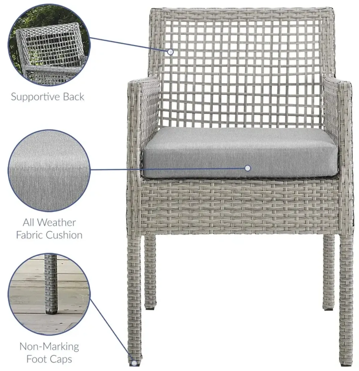 Modway Aura Wicker Rattan Outdoor Patio Dining Arm Chair with Cushion in Gray Gray