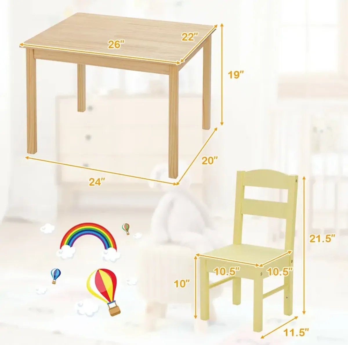 5 pcs Kids Pine Wood Table Chair Set