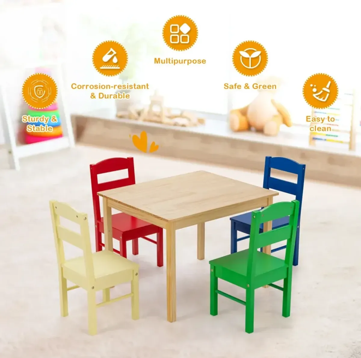 5 pcs Kids Pine Wood Table Chair Set