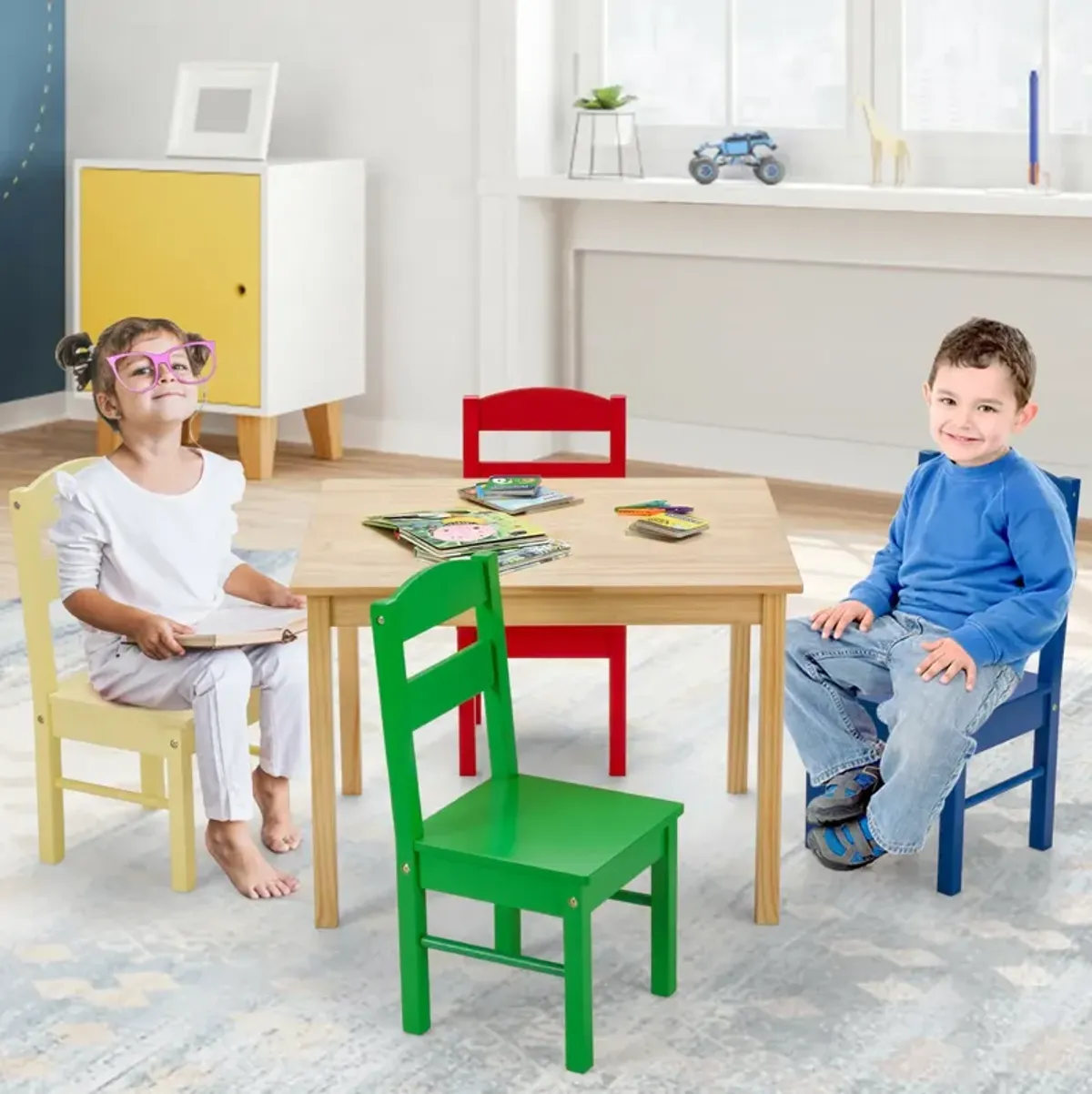 5 pcs Kids Pine Wood Table Chair Set