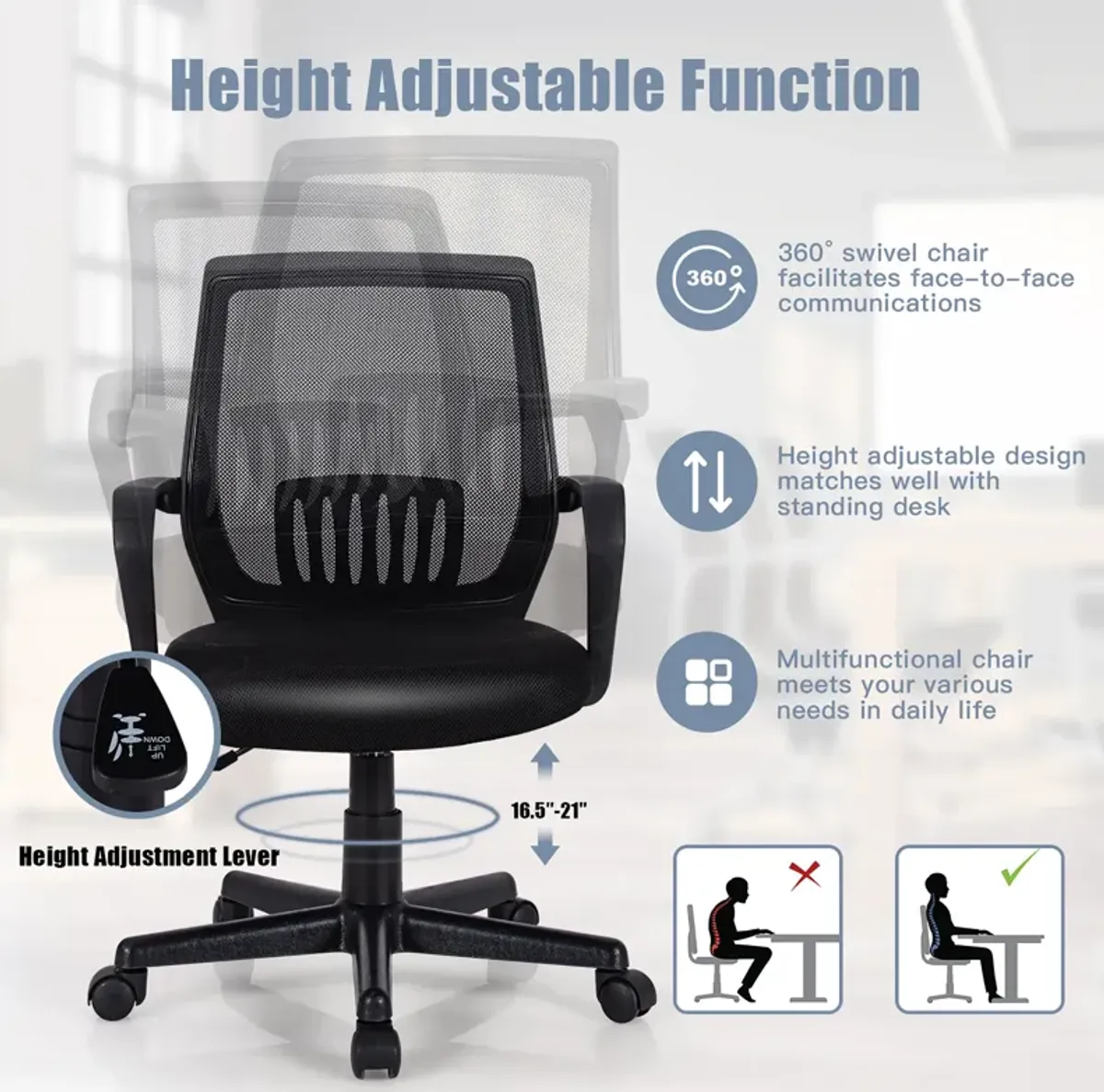 Costway Mesh Office Chair  Height Adjustable Executive Chair w/ Lumbar Support