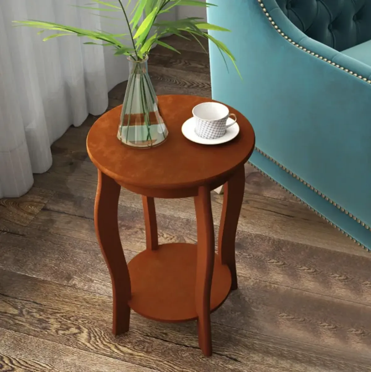 Hivvago 15 Inch 2-Tier Round End Table with Storage Shelf-Walnut