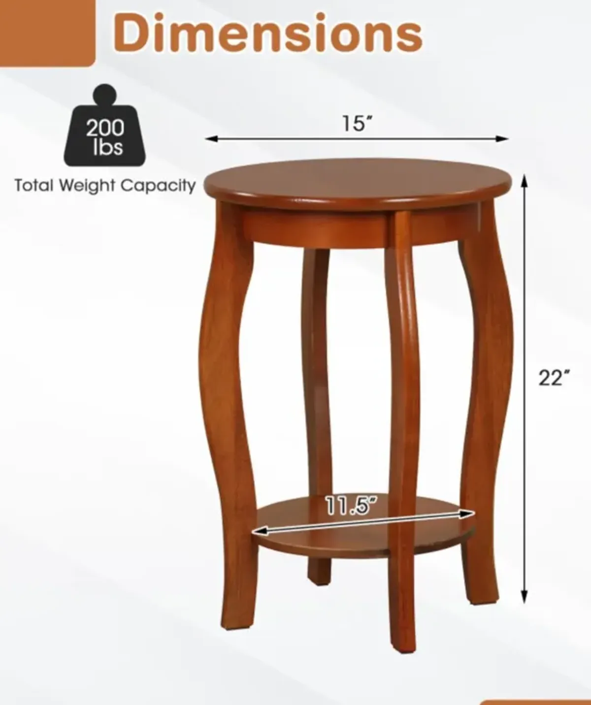 Hivvago 15 Inch 2-Tier Round End Table with Storage Shelf-Walnut