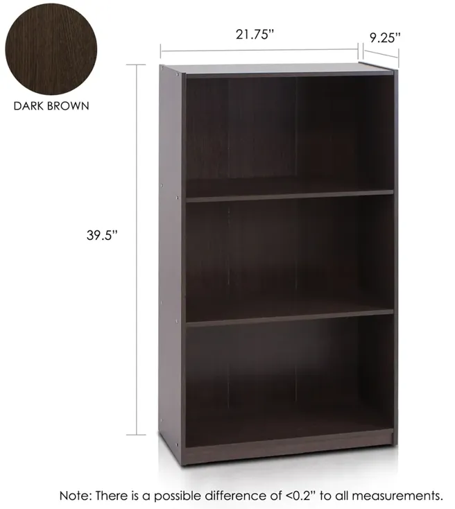 Basic 3-Tier Bookcase Storage Shelves,Dark Brown