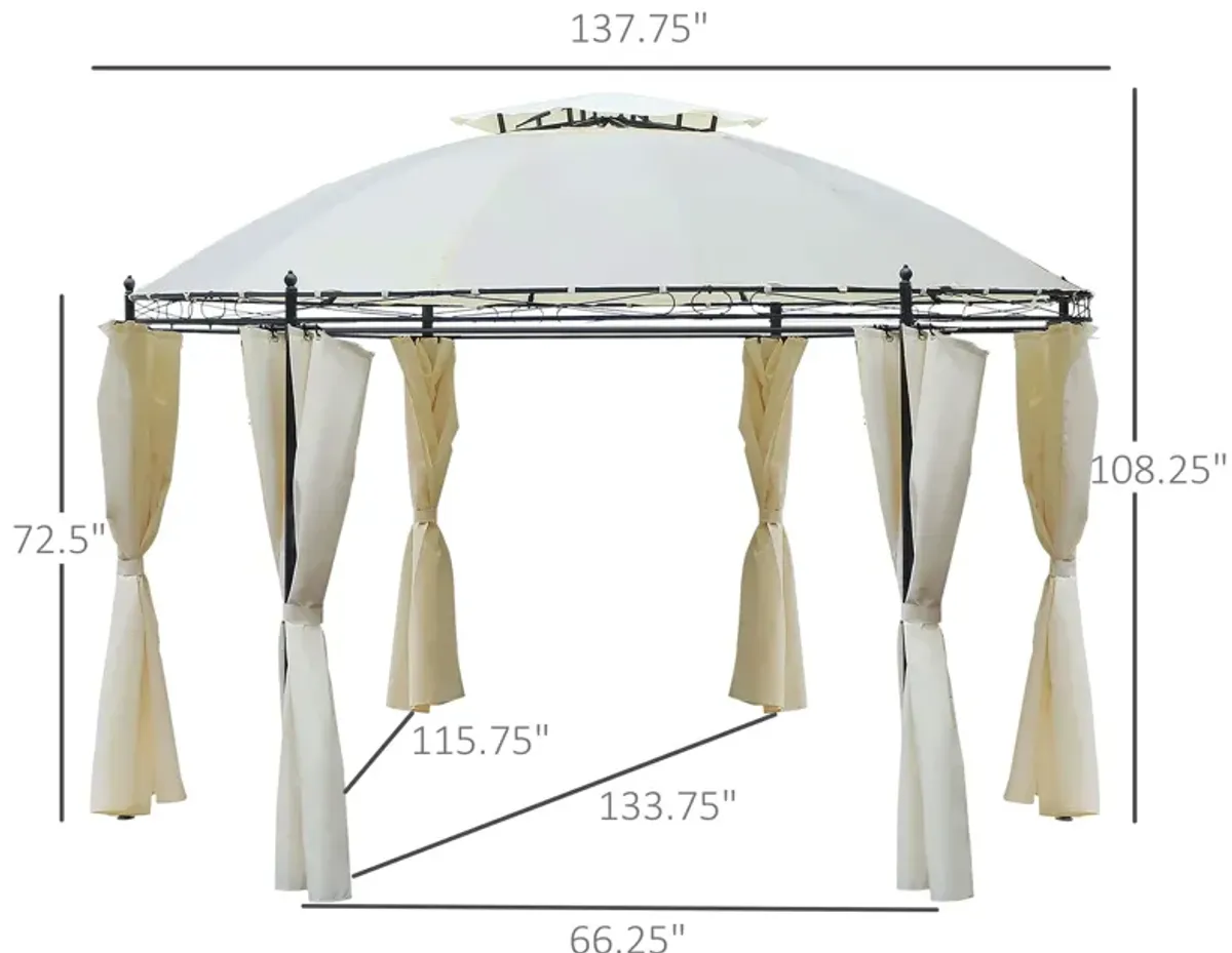 Cream Outdoor Oasis: 11.5' Round Steel Gazebo with Double Roof & Curtains