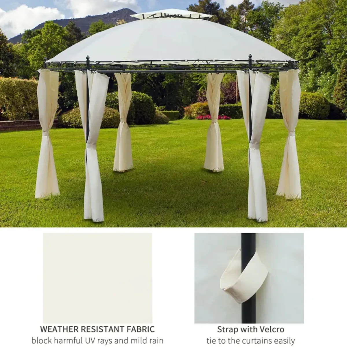 Cream Outdoor Oasis: 11.5' Round Steel Gazebo with Double Roof & Curtains