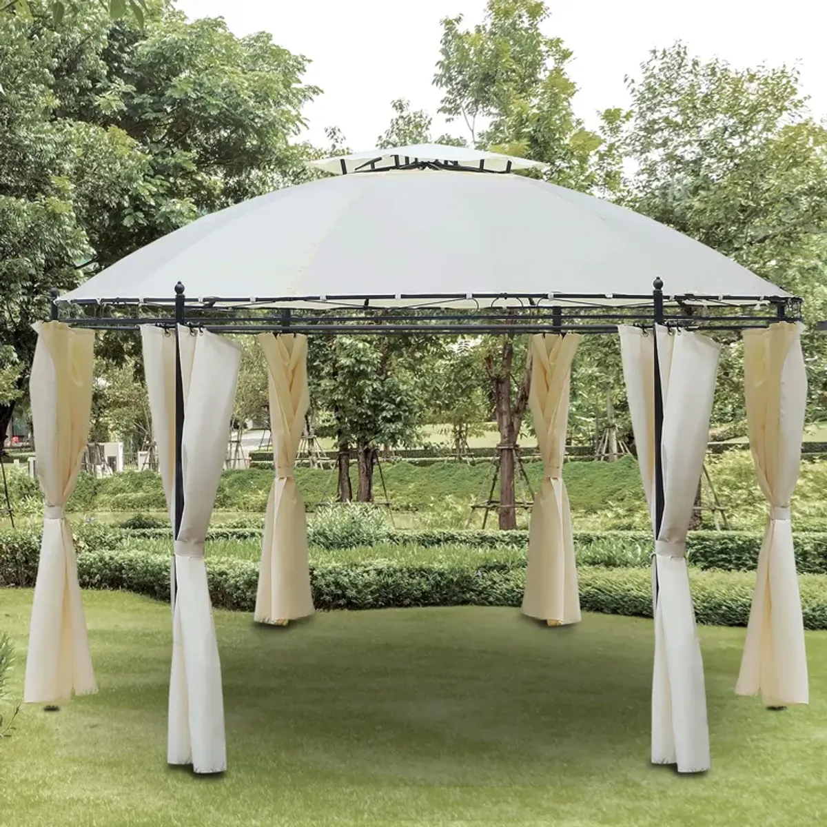 Cream Outdoor Oasis: 11.5' Round Steel Gazebo with Double Roof & Curtains