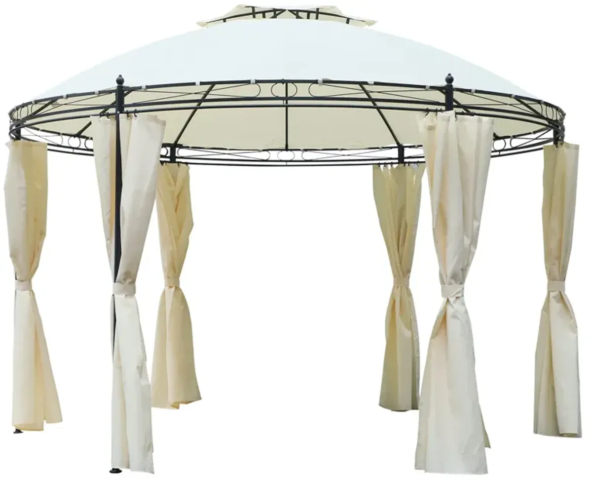 Cream Outdoor Oasis: 11.5' Round Steel Gazebo with Double Roof & Curtains