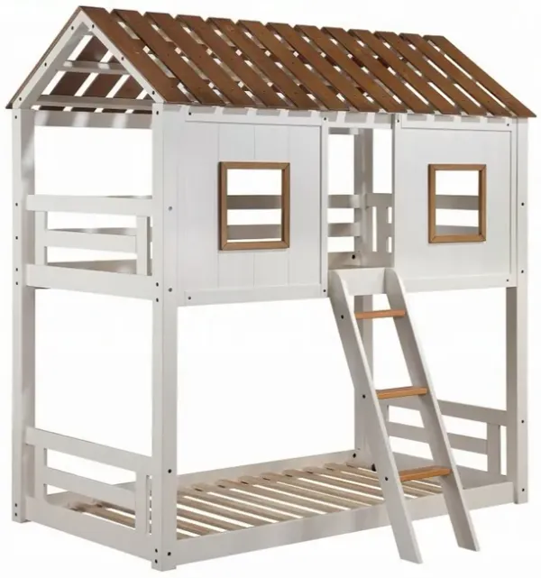 Nara Twin Size Bunk Bed, House Design with Ladder, White Rustic Wood - Benzara