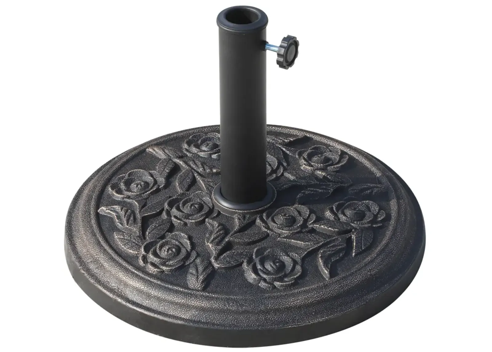 Bronze Umbrella Base: 18" Round Resin Stand with Rose Pattern for 1.5", 1.89" Poles