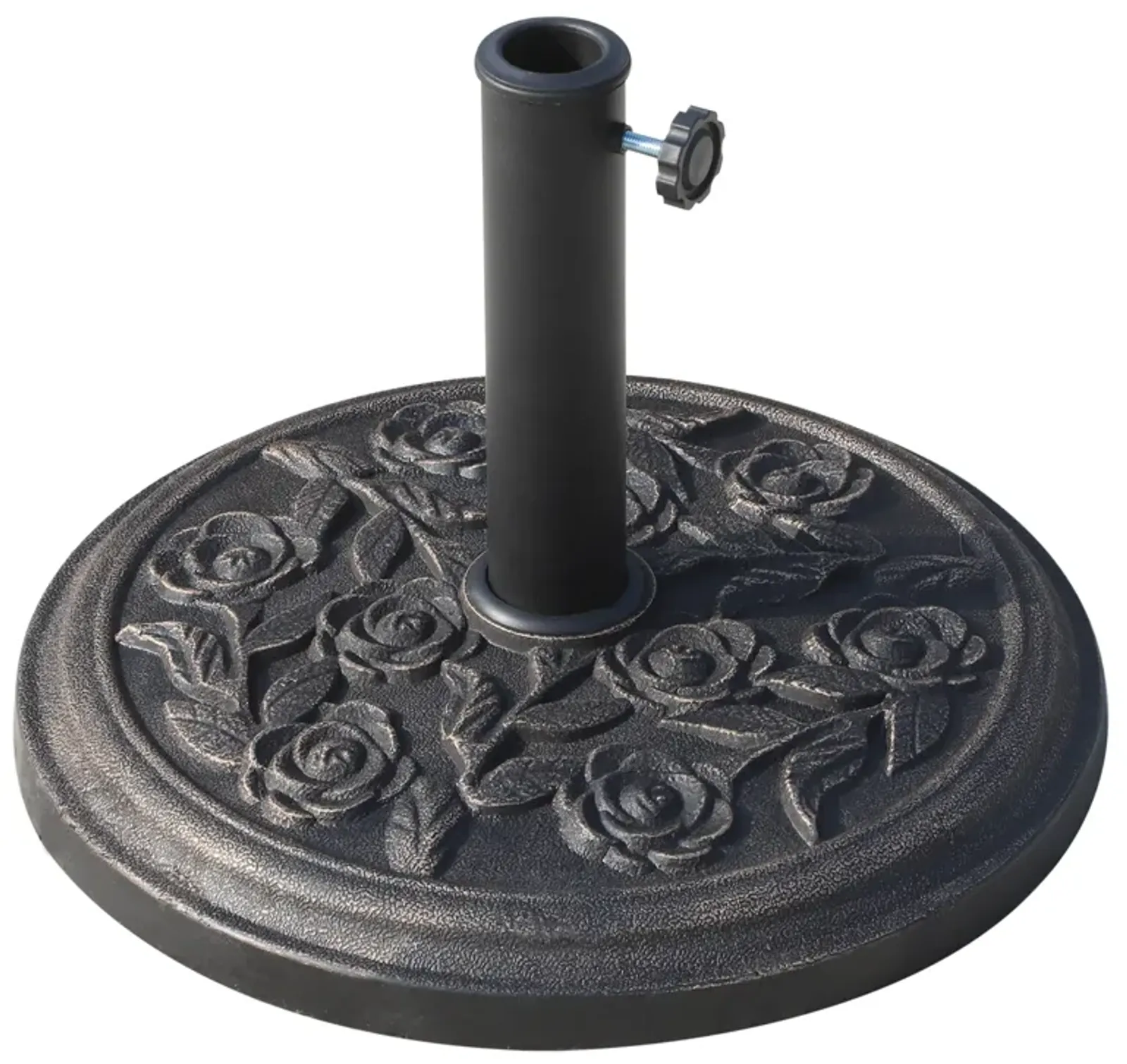 Bronze Umbrella Base: 18" Round Resin Stand with Rose Pattern for 1.5", 1.89" Poles