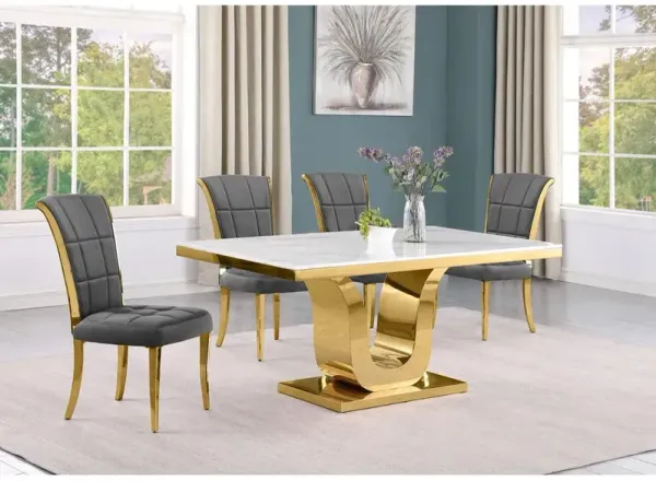 5pc Small(66") marble top dining set with gold base and 4 Dark grey side chairs