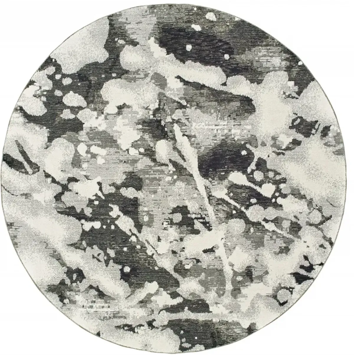 8 charcoal And White Round Abstract Power Loom Stain Resistant Area Rug