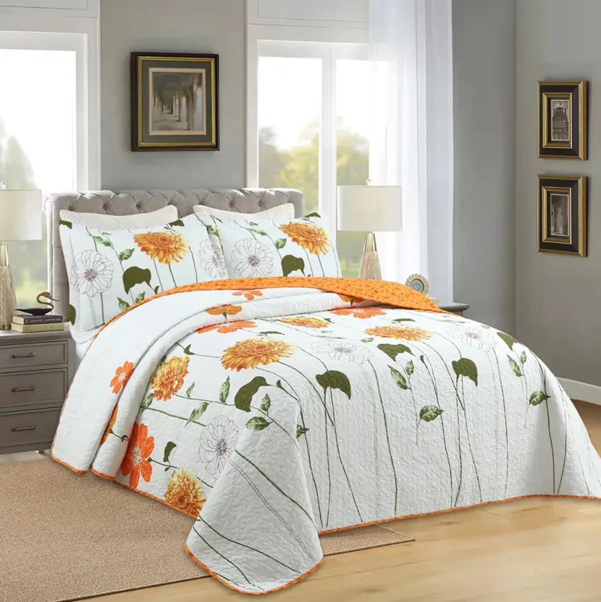 Marcielo 3 Piece 100% Cotton Printed Floral Reversible Quilt Bedspread Set