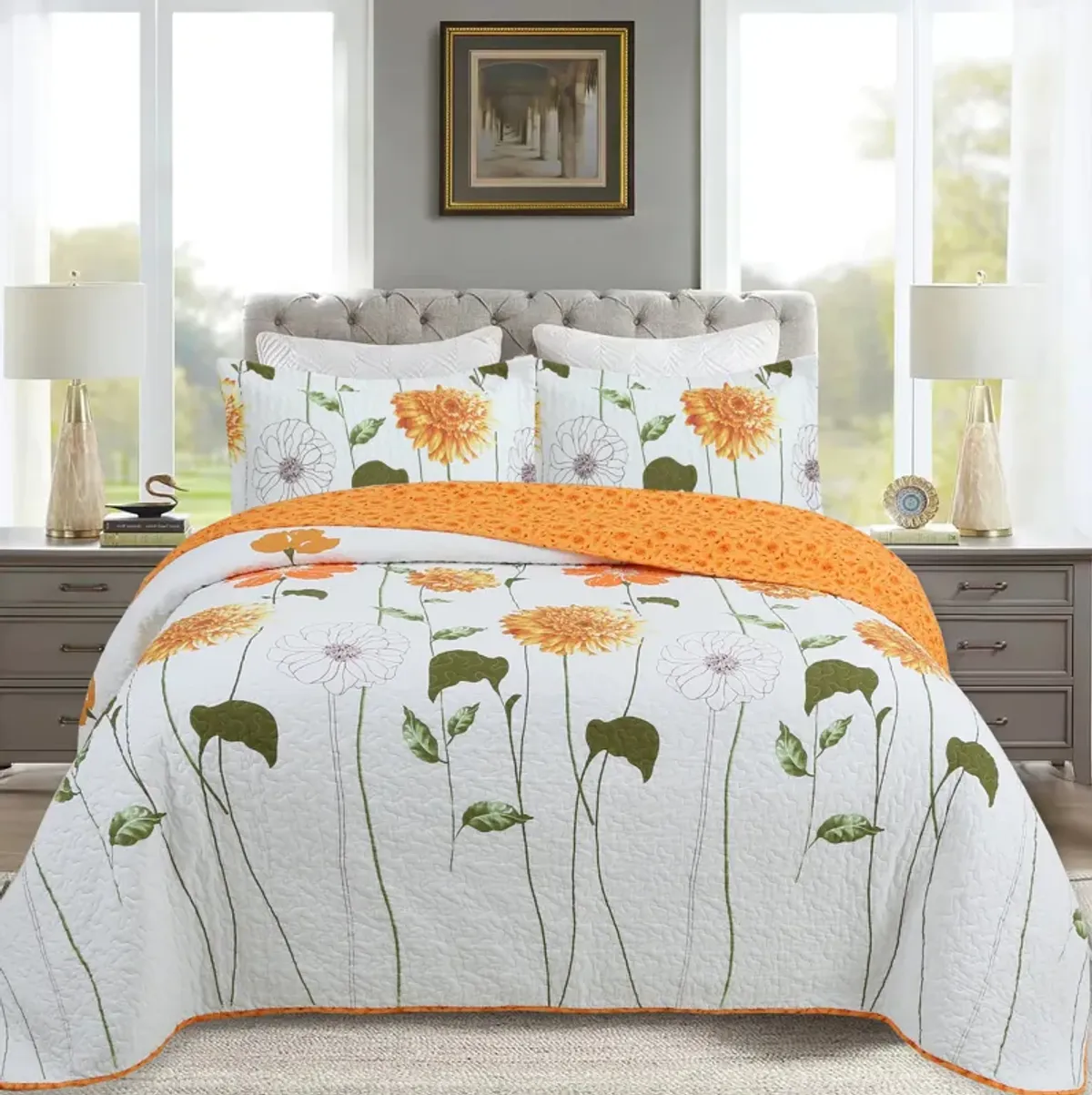 Marcielo 3 Piece 100% Cotton Printed Floral Reversible Quilt Bedspread Set