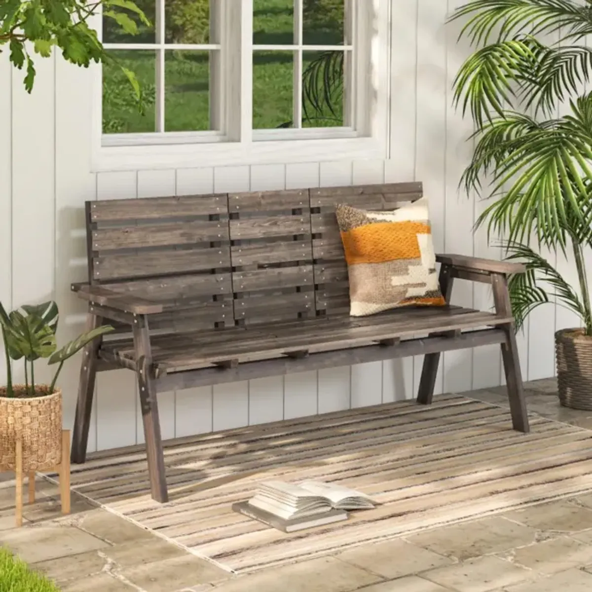 Hivvago Outdoor Fir Wood Bench with Foldable Middle Table-Gray