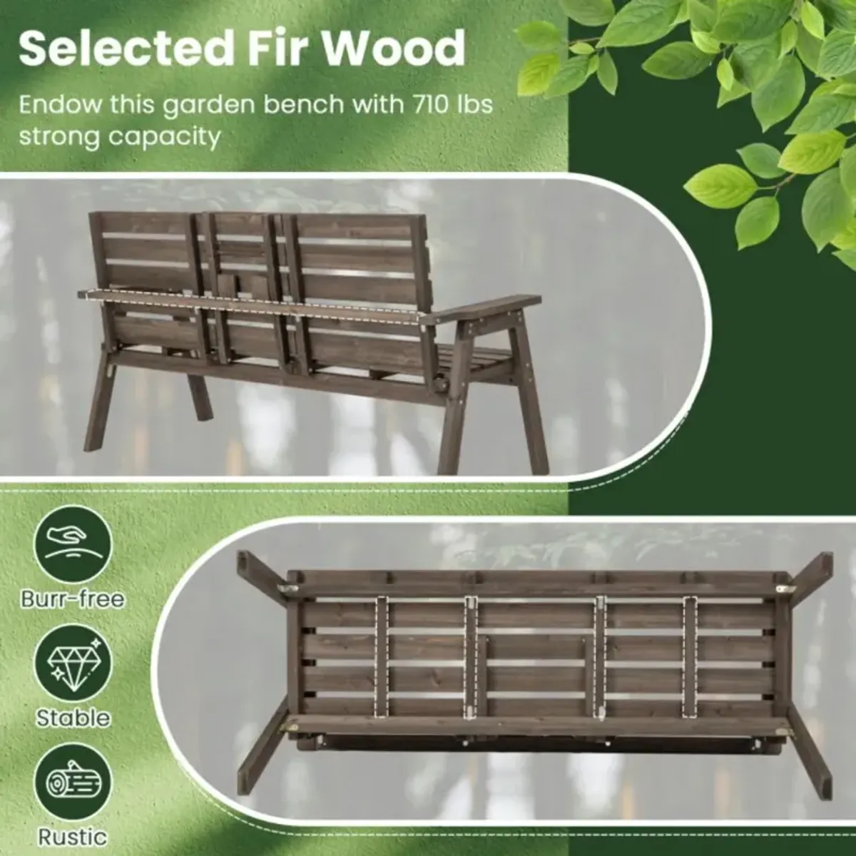 Hivvago Outdoor Fir Wood Bench with Foldable Middle Table-Gray