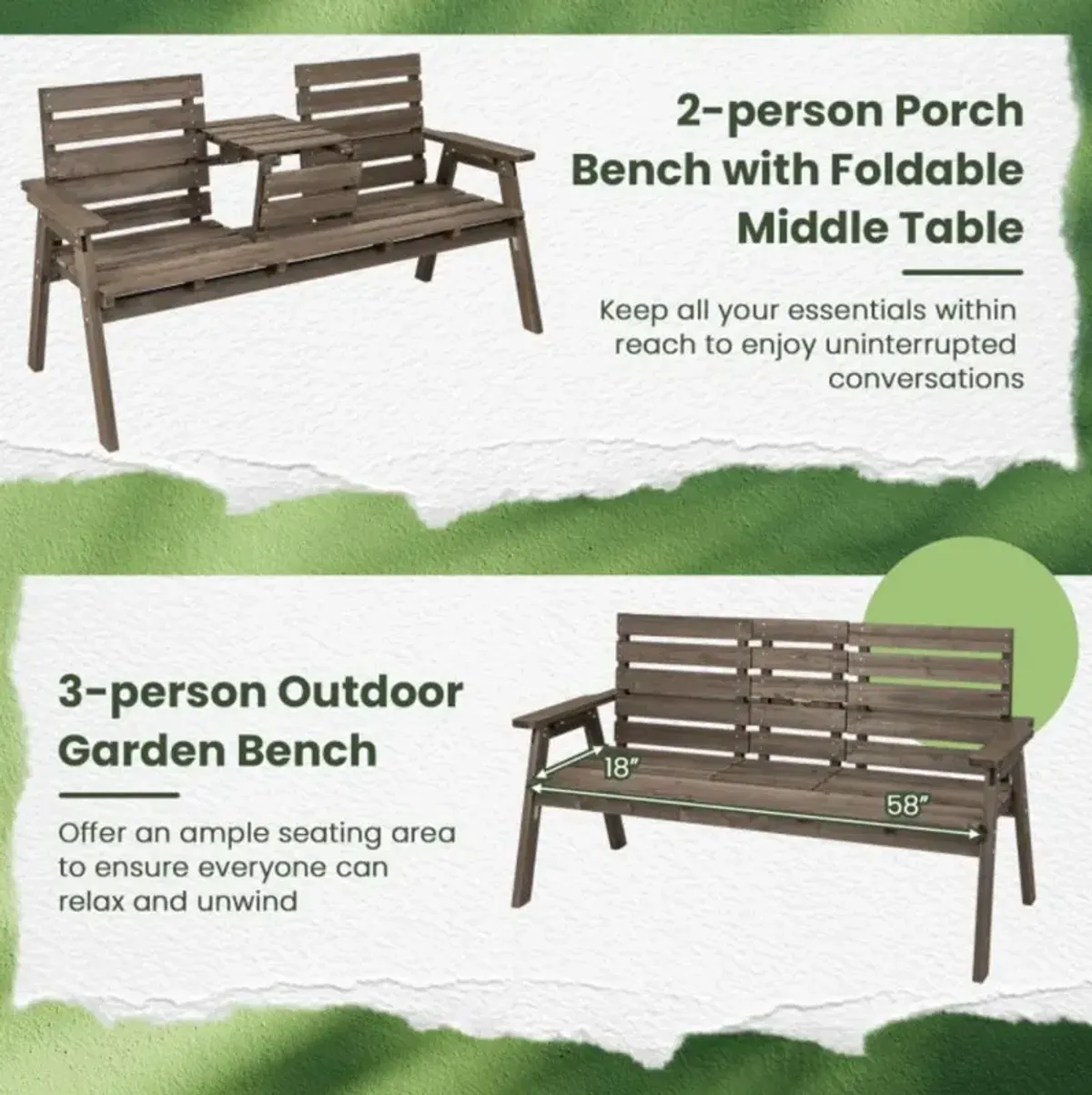 Hivvago Outdoor Fir Wood Bench with Foldable Middle Table-Gray