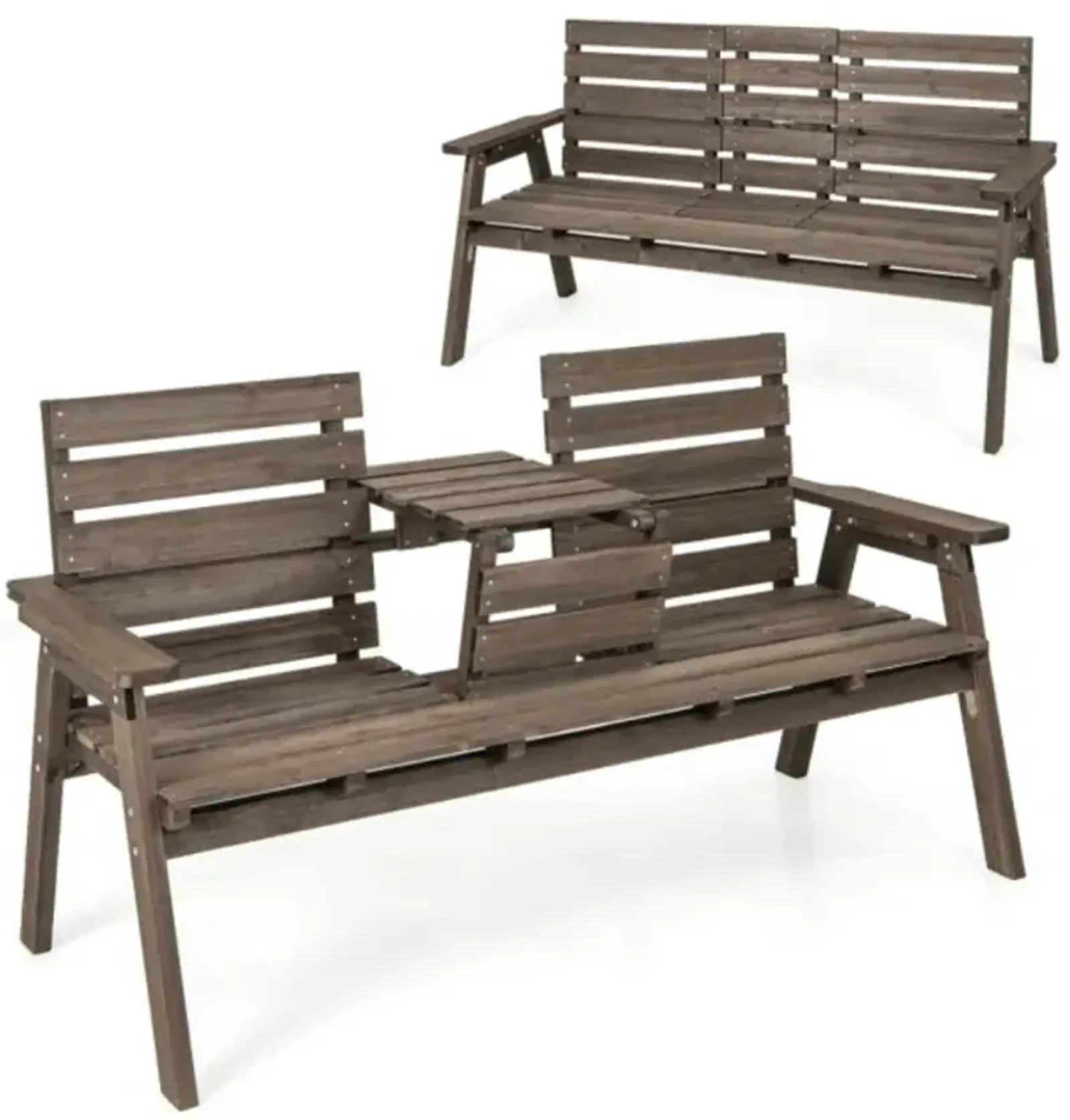 Hivvago Outdoor Fir Wood Bench with Foldable Middle Table-Gray