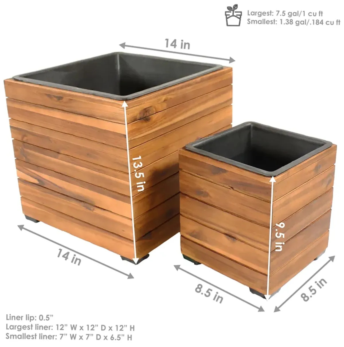 Sunnydaze 2-Piece Acacia Square Planter Boxes with Liners