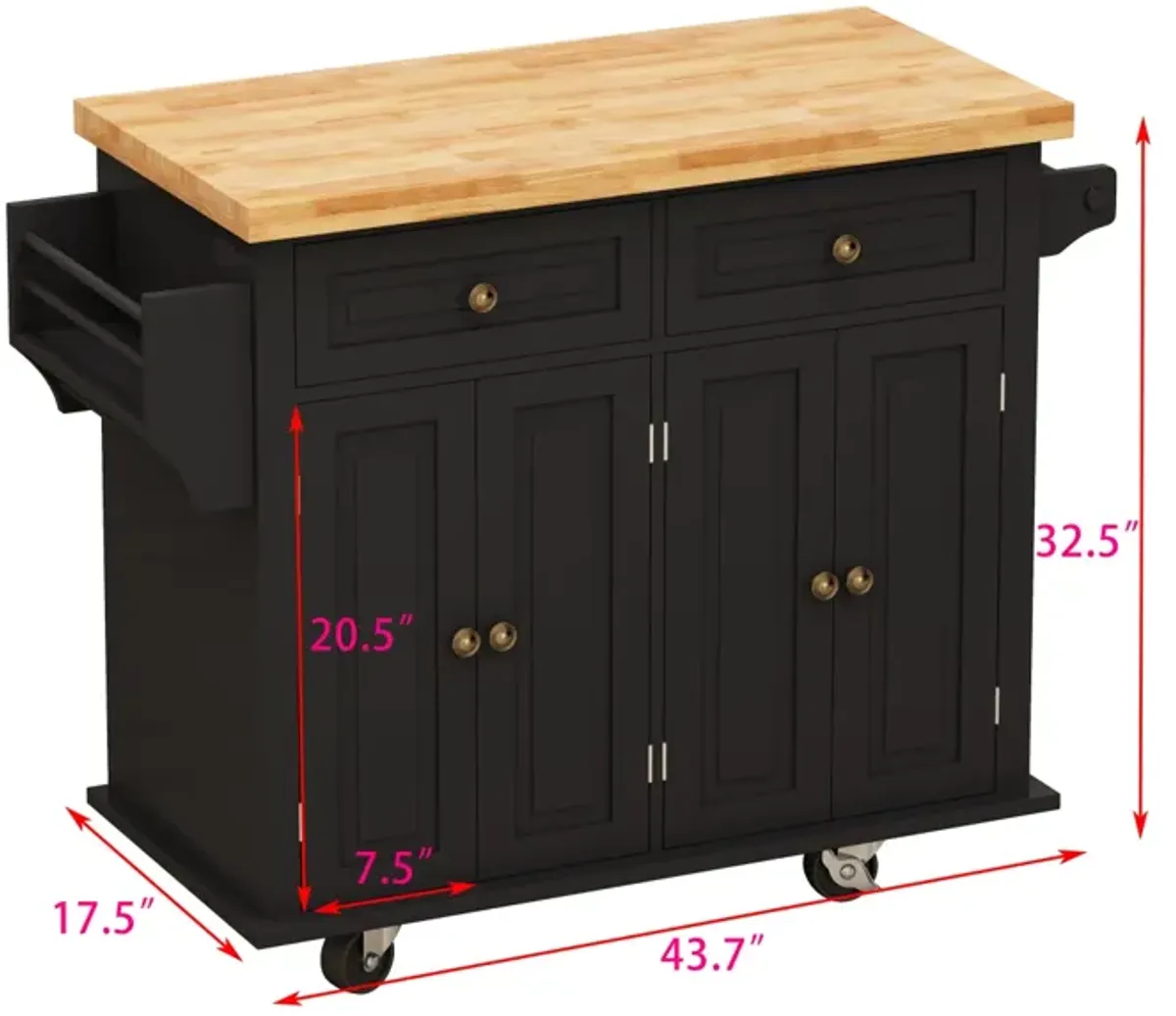 Black Kitchen Island Cart with Storage and Wheels