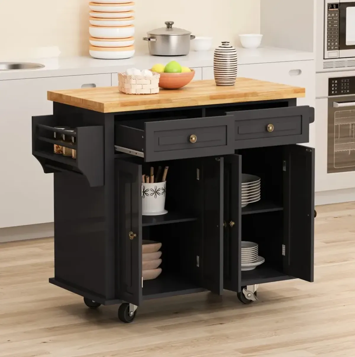 Black Kitchen Island Cart with Storage and Wheels