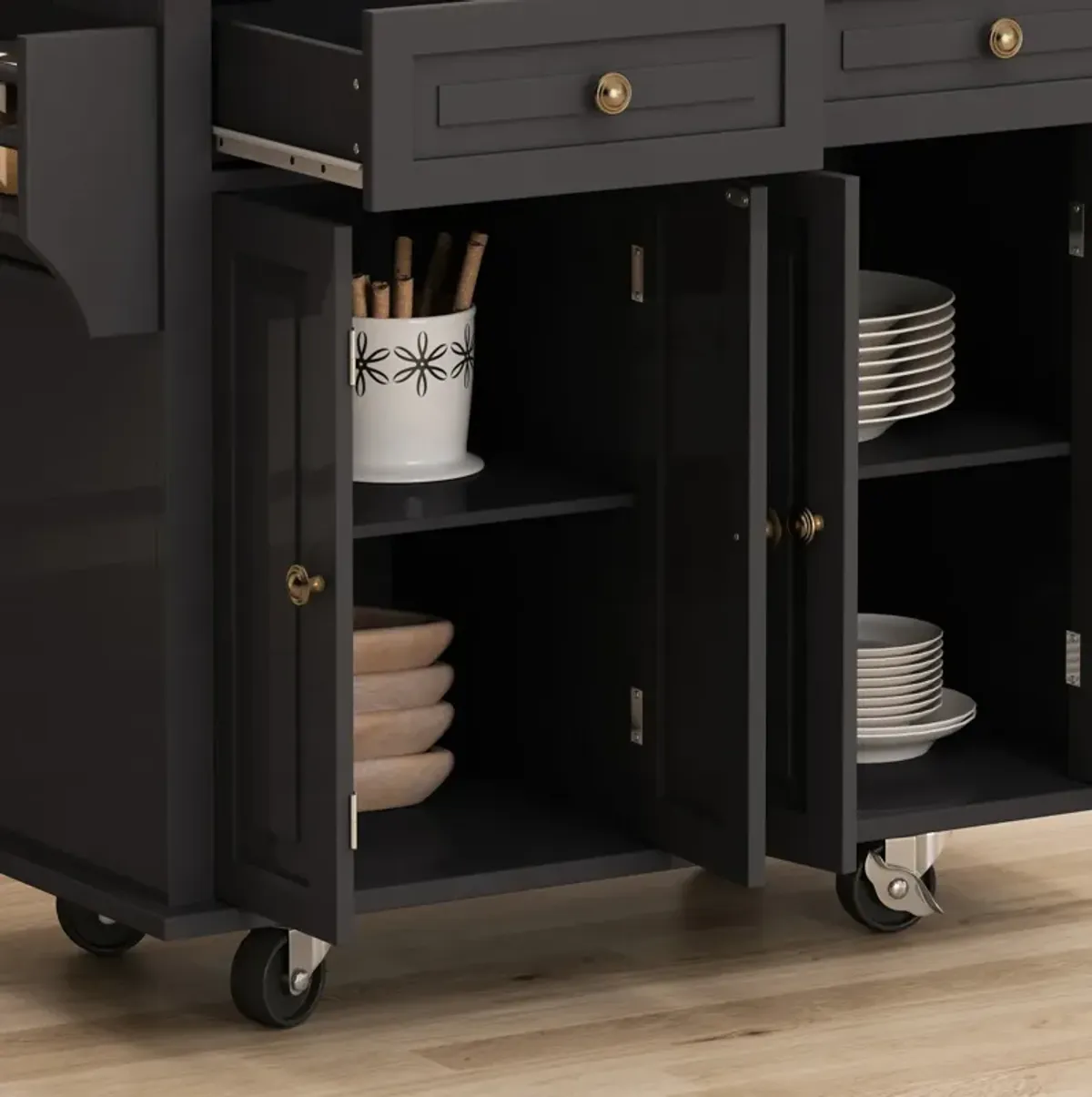 Black Kitchen Island Cart with Storage and Wheels