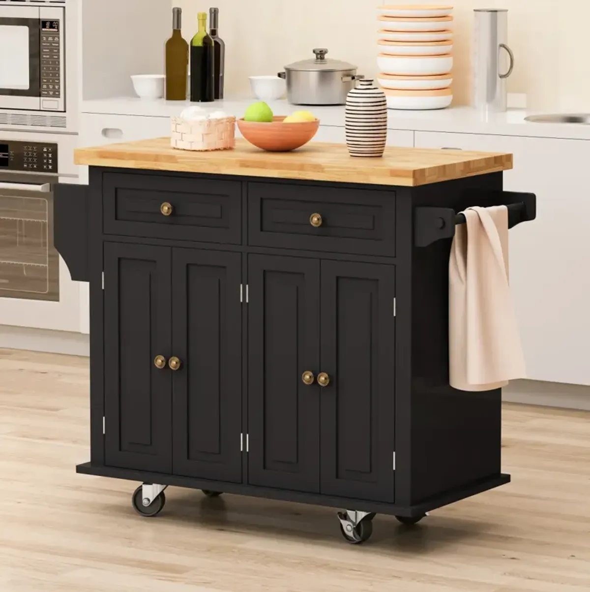 Black Kitchen Island Cart with Storage and Wheels