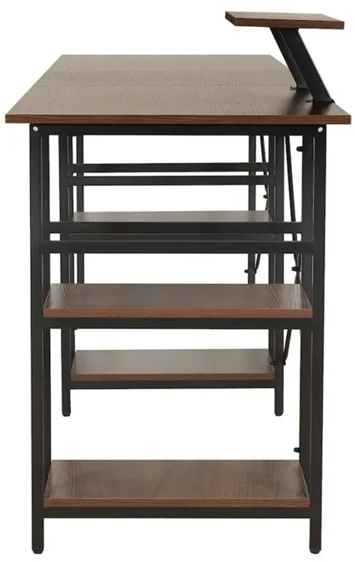 Techni Mobili L-Shape Industrial Desk with storage shelves, Walnut