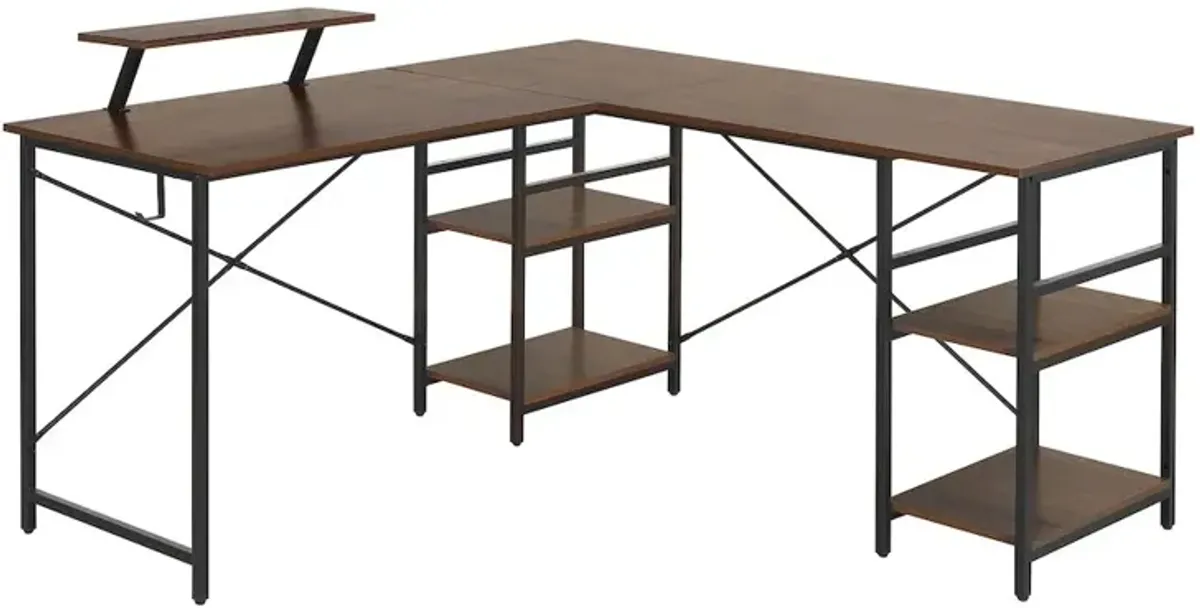 Techni Mobili L-Shape Industrial Desk with storage shelves, Walnut