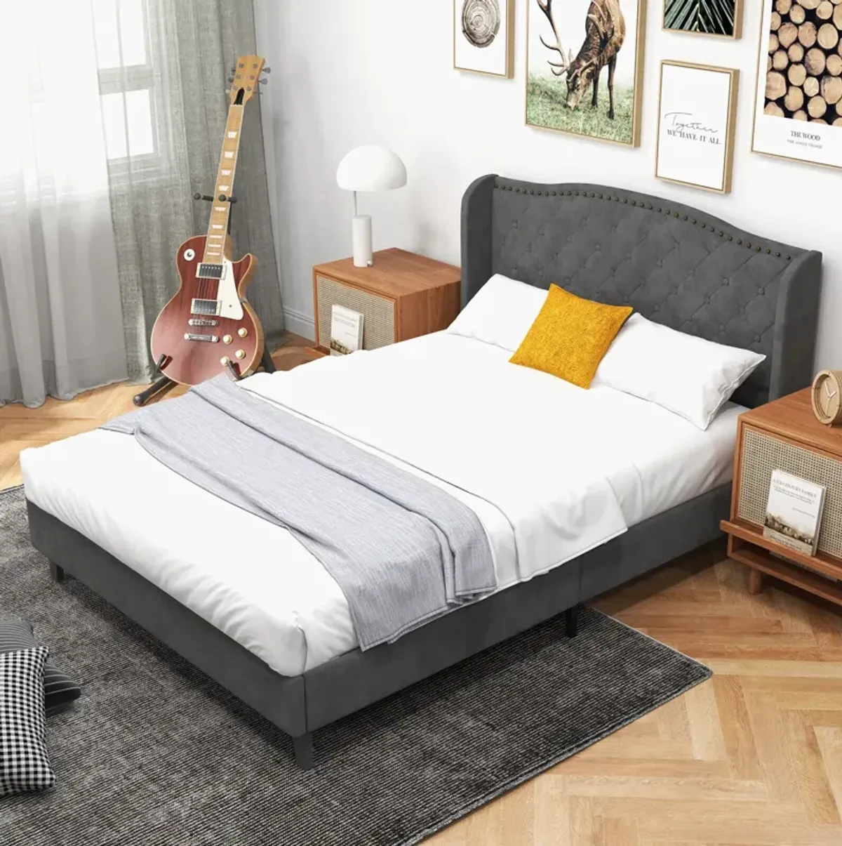 Upholstered Platform Bed Frame with Button Tufted Headboard