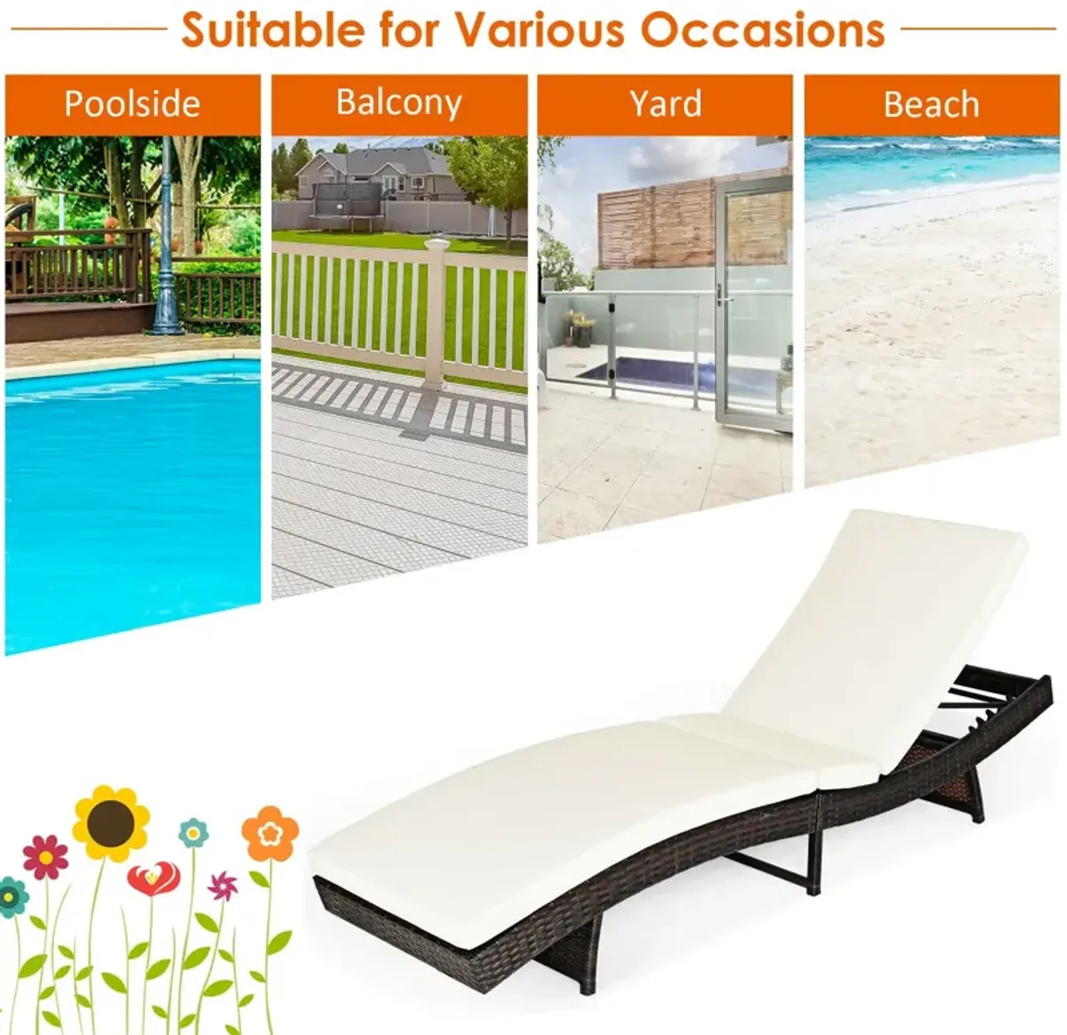 Patio Folding Adjustable Rattan Chaise Lounge Chair with Cushion