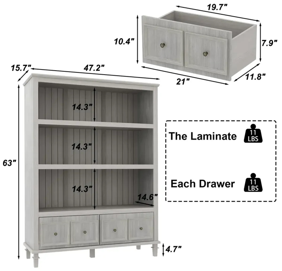 47.2 in. W x 63 in. H, Wood Grain Gray, 3-Tier Open Shelves, Standard Bookcase with 2 Drawers for Storage