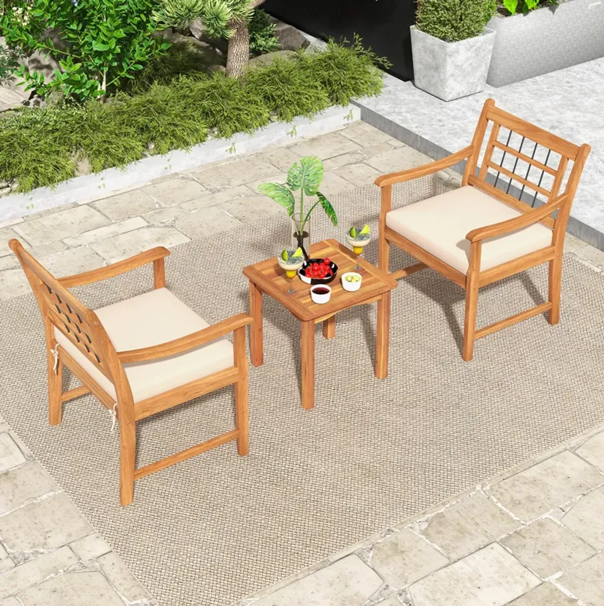 3 Piece Wood Patio Furniture Set with Seat Cushions and Acacia Wood Frame